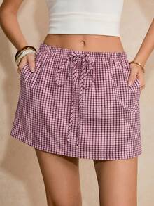 Poéselle Pantalones cortos de mujer a cuadros con cordón en la cintura, versátiles y de uso diario - Rosa - Ver 4