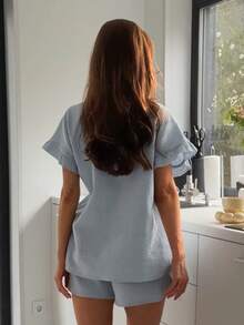 Livesso 女士纯色荷叶边V领上衣和短裤睡衣套装 夏季 - 藍色 - 查看 2