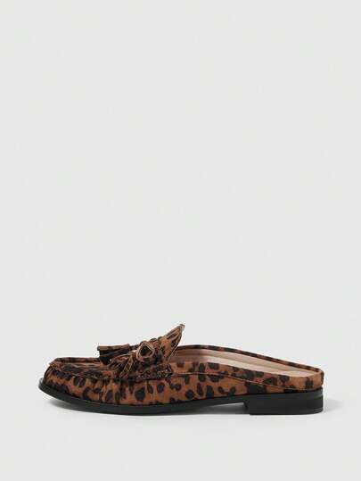 Sleekvia Women's Fashion Brown Leopard Print Suede Tassel Bow Backless Mule Flats, Comfortable Casual Slip-On Shoes Suitable For Outdoor, Work, Daily Wear
