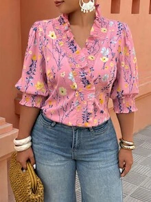 Breezaya Plus Size Women's Casual Vacation Floral Print Ruffle Hem Shirt, Spring/Summer - Multicolor - View 3