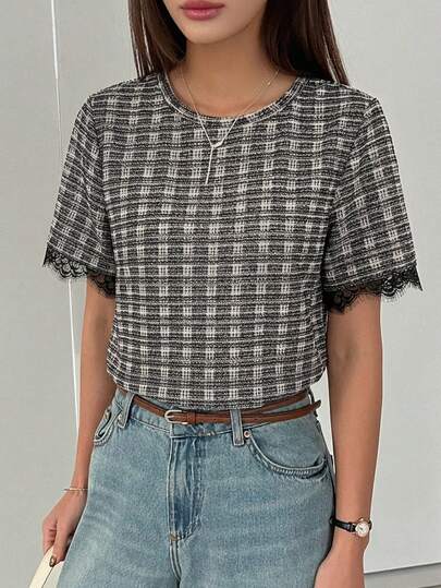 DAZY Women's Summer Round Neck Short Sleeve Lace Patchwork Casual Pullover T-Shirt