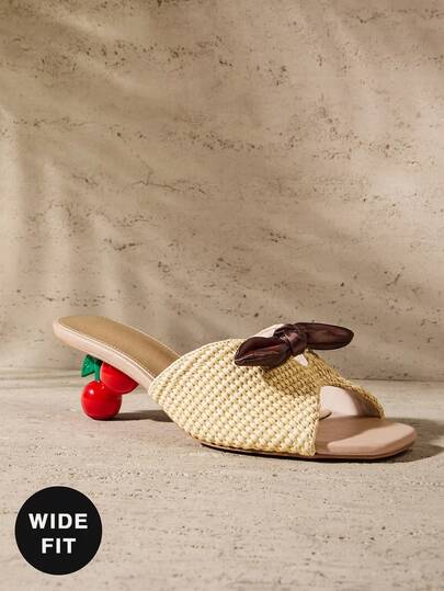 SHUZIA Sandal nữ dáng rộng, trang trí ruy băng, gót hình quả anh đào, thích hợp đi biển, gợi cảm, hàng ngày, dự tiệc, thanh lịch, làm từ sợi raffia tự nhiên.