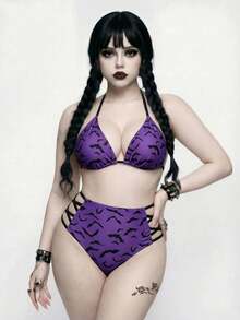 ROMWE Goth Bộ bikini hai mảnh cỡ lớn dành cho nữ, in hình dơi đỏ ngẫu nhiên, thời trang đi nghỉ mát, mặc hàng ngày, gợi cảm, cúp ngực tam giác, cạp cao và quần tam giác có dây rút, cổ yếm, xẻ tà. - Màu tím - Xem 4