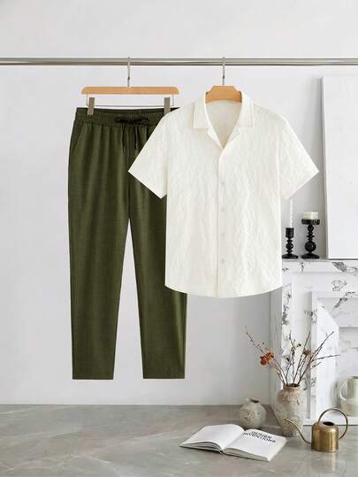 HIMLAND Men's Solid Color Short Sleeve Shirt And Pants Set