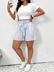 SHEIN Frenchy Plus Size Casual Striped Waist Pocket Shorts - Blue - View 5