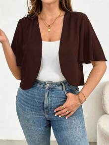 Basic Black Short-Sleeved Cardigan, Versatile And Comfortable For Everyday Wear, Plus Size Women's Casual Fashion, Summer Coats, Going-Out Blouses, Office Wear, Vacation Wear - 棕色 - 查看 8