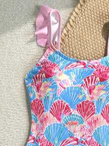 SHEIN 少女夏季海滩度假贝壳印花连体泳衣带裙套装 - 粉色 - 查看 4