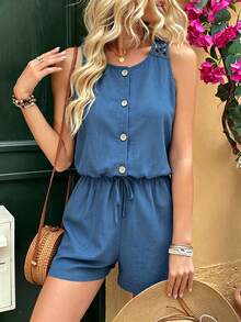 SHEIN Holidaya Casual Minimalist Solid Color Textured Round Neck Open-Front Elastic Waist Romper For Women - Blue - View 4
