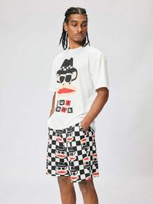 Paul Frank X SHEIN 男士卡通印花白色上衣和格子印花短裤睡衣套装 - 黑與白 - 查看 4