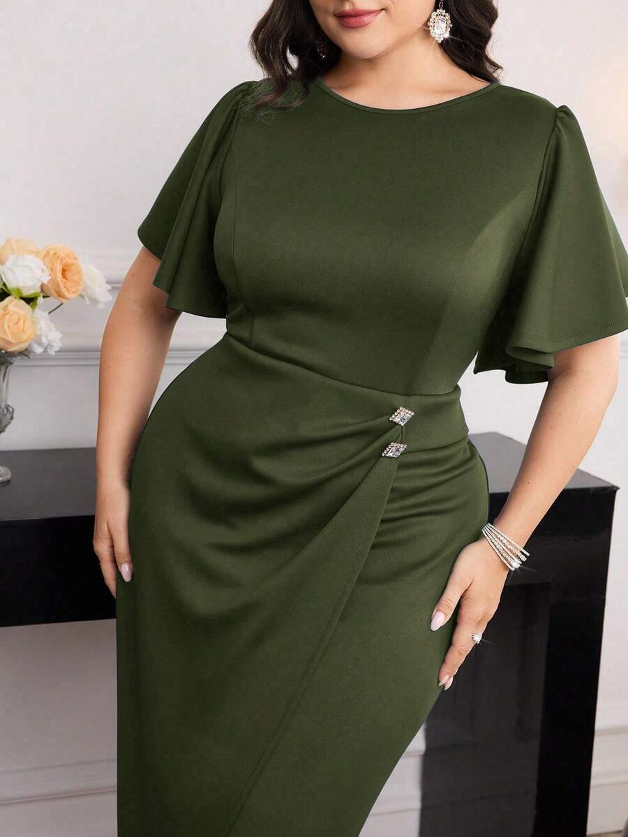 Modelyn 大码女式纯色圆领荷叶袖优雅连衣裙 - 軍綠色 - 查看 1