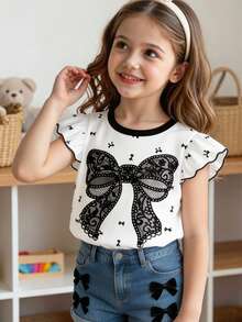 SHEIN Elladie kids Young Girl' Cute Ruffle Trim Short Sleeve T-Shirt, Suitable For Daily Outings And Vacation, Summer - White - View 3