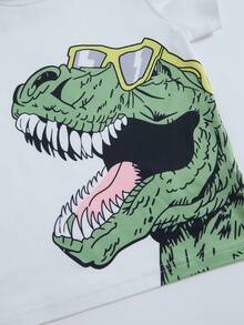 SHEIN 2pcs/Set Young Boys White Summer Loose Casual Street Dinosaur Print Short Sleeve Top Paired With Contrast Color Cargo Shorts,Dynamic Sporty Outfit - Army Green - View 5