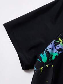 SHEIN Teen Boy Casual Black Two Pieces Swimwear With Shorts,Short Sleeve Fluorescent Ink Splatter Pattern For Summer,Streetwear,Beach,Holiday,Surfing - Multicolor - View 8