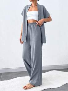 SHEIN Tall 女款夏季純色蝙蝠袖打結腰夾克與長褲休閒套裝，適合高個女性 - 淺灰色 - 查看 3