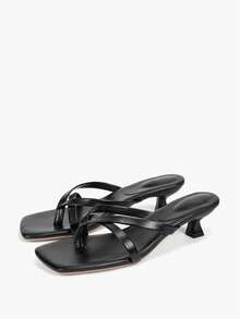 Alvarani Slightly Large Size Soft Leather Square Toe Sandals, Kitten Heel Flip-Flops, Versatile Fine Heel Open Toe Thong Sandals For Women, Summer New Arrivals - Black - View 8