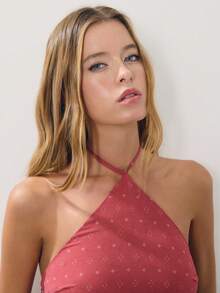 Nöista Polka Dot Pink Summer Elegant Romantic Brunch Printed Halter Mini Dress Cross-Neck Strap Texture Fitted Bodice Flared Skirt Party Vacation Date Night - Red - View 3