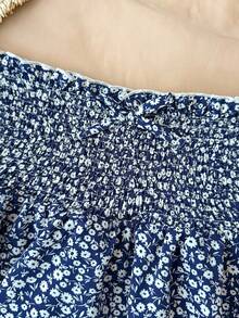 SHEIN 少女碎花短裤，腰部系带蝴蝶结装饰，双层荷叶边下摆，休闲短裙，适合日常、度假、派对、约会、返校等场合。 - 藍色 - 查看 5