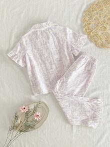 Young Girl' White Floral Line Rabbit Floral Pattern Ruffle Collar Short Sleeve Pants Casual Flowy Comfortable 2 Pieces Pajama Set Sleep Summer - Purple - View 2