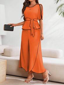 SHEIN Clasi Bộ đồ 2 món tối giản phối màu thanh lịch dành cho nữ, thích hợp mặc hàng ngày. - trái cam - Xem 1