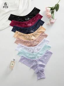 Seduluxe 8件組浪漫哥德風俏皮性感蕾絲女款丁字褲，白色、海軍藍、杏色、灰粉色、薄荷綠、黑色，夏季款 - 彩色 - 查看 3