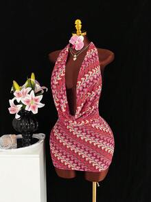 Bonvoyette 女士罩衫，时尚性感深V露背吊带宽松下摆迷你裙，随机印花，春夏海滩度假 - 彩色 - 查看 5