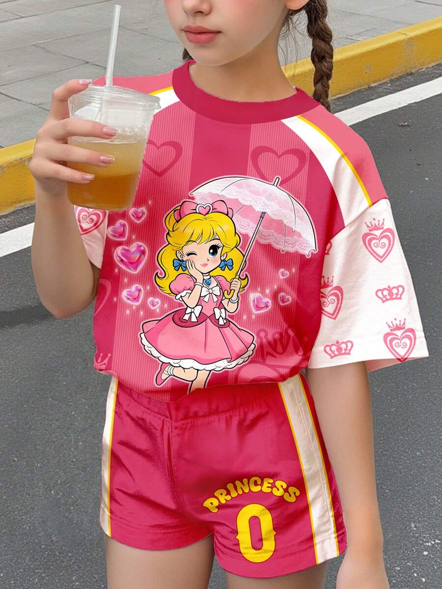两件套女童休闲圆领短袖T恤和短裤,饰有可爱卡通、条纹和数字印花,适合春夏日常穿着、运动、户外活动和世界杯等场合。 - 彩色 - 查看 1