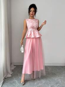 SHEIN Elenzya Bộ đồ 2 món dành cho nữ, màu hồng jacquard, không tay, cổ tròn, eo có dây rút, viền bèo nhún + quần ống rộng cạp cao bằng vải lưới dáng chữ A, thiết kế thanh lịch, sang trọng, phù hợp cho công sở. - Hồng - Xem 5