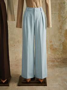 Anewsta Petite Elegant Fashion Design Pleated Sky Blue Women's Suit Pants With Pockets Solid Color Straight Leg Petite Pants, Summer Work Outfits For Women Office Outfits For Women - Blue - View 7
