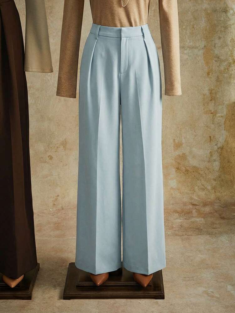 Elegant Fashion Design Pleated Coffee Color Women's Suit Pants, Pockets, Straight Leg, Petite