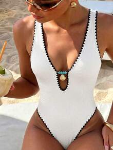 Bonvoyette Swim Swim Lushoire 橙色纹理连体泳衣，饰有贝壳图案和撞色滚边，适合夏季海滩穿着 - 白色 - 查看 1
