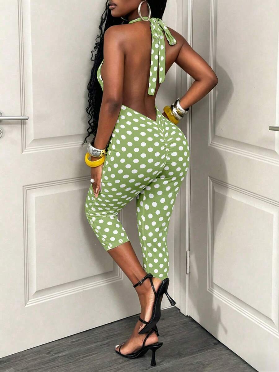 BamGleam Bộ jumpsuit nữ thời trang thường ngày, ôm sát, chất liệu lụa sữa co giãn, họa tiết chấm bi màu sắc tươi sáng, kiểu dáng buộc dây cổ, hở lưng, không tay, quần lửng. - màu xanh lá - Xem 1