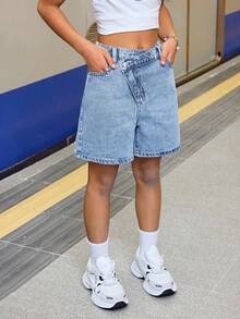 SHEIN 青少年女孩春夏 Y2K 街頭風水洗疊腰寬鬆牛仔短褲，波希米亞風海灘度假、電音派對演唱會穿搭 - 淺色水洗藍 - 查看 6