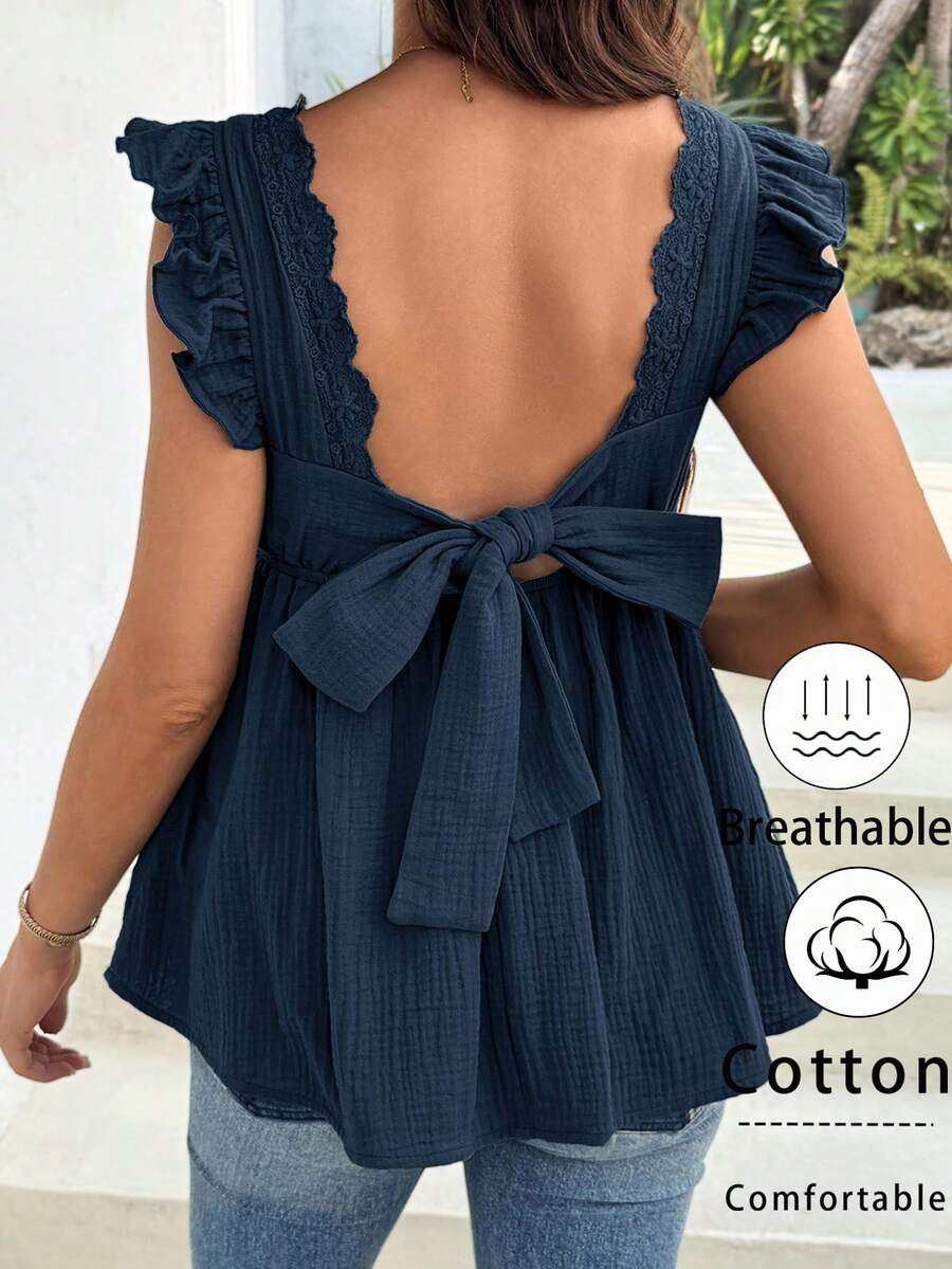 SHEIN Blouse de maternité de couleur unie avec manches à volants et nœud dans le dos pour les vacances - Bleu marine - Voir 1