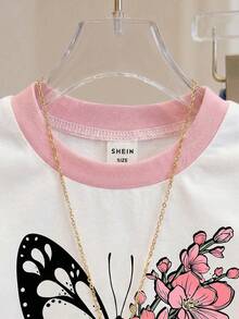 SHEIN Playful Pals 女嬰蝴蝶與花卉印花圓領白色短袖T恤可愛休閒夏季畢業季套頭上衣適用6個月-3歲 - 彩色 - 查看 5
