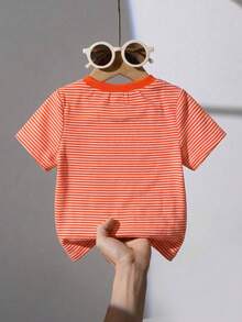 SHEIN Playful Pals 1歲女嬰/幼兒紅白色條紋短袖T恤上衣，柔軟針織夏季休閒畢業款羅紋領寬鬆舒適T恤 - 橘色 - 查看 6