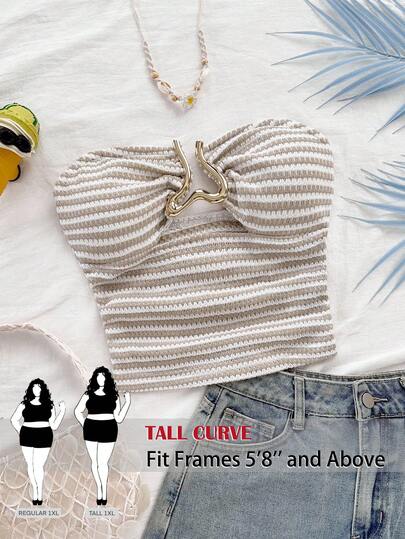 SHEIN Tall CURVE CURVE New Plus Size Women's Tall Girls Summer Vacation Striped Metal Decor Cropped Tight Bandeau Top, Tall Women Top ,Suitable For Tall Women.High-Waisted Makes You Look Slimmer And Your Legs Longer, Suitable For Tall Women.Suitable For All Seasons And Occasion,Suitable For Tall Girls& Women, Summer Top,Summer Summer Top Summer Outfits Summer Holiday Outfits Long Summer Top For Women Spring Outfit , Top,Casual Top,High-Waisted Slimming Top For Summer,Elegant Women's Ceremony Vest ,Elegant Vest S For Party,Elegant Vest For Ladies,Vacation Outfits Women,Holiday Outfits For Women,Summer Holiday Outfits,Summer Vacation Outfits,Carnival Carnival Costume Carnival Women Look 2026 2026 Carnival Women Carnival Clothes Carnival Costume Women, Summer Tops