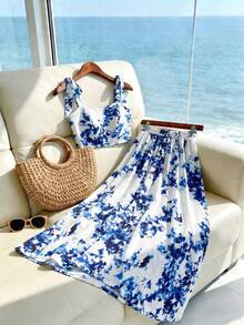 GlowEve Women's Printed Tie-Front Top And Mini Skirt 2 Pieces Set - Blue - View 4