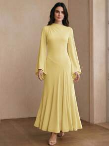 Anewsta Women's Spring Autumn New Arrival Pale Yellow Solid Color Flared Sleeve Fitted Mermaid Dress European And American Style Party Elegant - Pale Yellow - View 5
