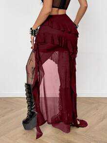 Coolane Váy dài nữ mùa Xuân/Đông phong cách Gothic Y2K, thời trang đường phố, du lịch, Boho Y2K, nhạc đồng quê, Gyaru, ren, bất đối xứng, xếp nếp, tua rua, màu đen, cạp thấp. - Màu Đỏ Sâu - Xem 2