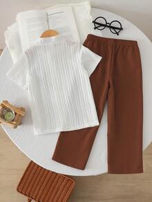 SHEIN Playful Pals 2pcs/Set Young Boy Casual Solid & Striped Short Sleeve Shirt And Pants Set, Suitable For Daily, Vacation, Sports, Summer - Brown - View 2