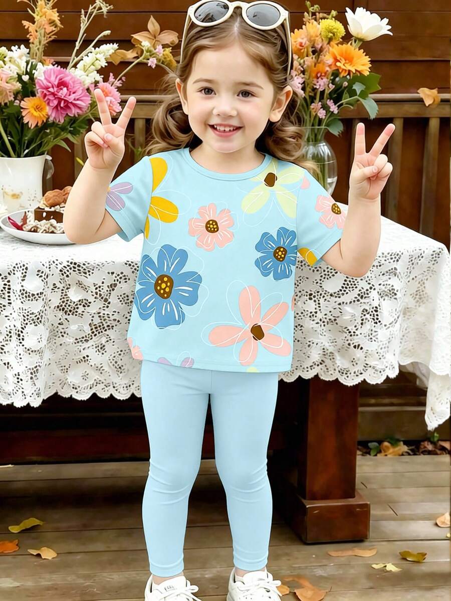 2pcs/Set Young Girl Floral Print Short Sleeve T-Shirt And Solid Color Leggings Set,Cute & Minimalist,Comfortable Summer Outings,Vacation And School - Multicolor - View 1