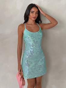 Glamine Đầm ngắn màu hồng lấp lánh đính sequin dành cho nữ, kiểu dáng thanh lịch, gợi cảm, hở lưng, đa năng, thích hợp cho đi biển, lễ hội âm nhạc, tiệc tốt nghiệp, ngày Valentine, mùa xuân/hè. - Màu xanh lam - Xem 4