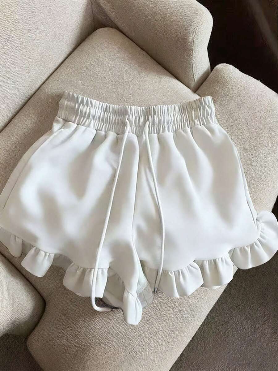 Resyla Plus Size Women Solid Color Drawstring Waist Ruffle Hem Casual Shorts - White - View 1