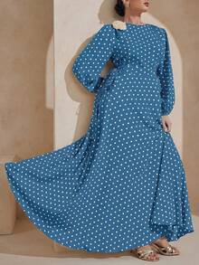 Modelyn 大尺碼收腰波點3D花朵裝飾彈性袖擺裙 - 藍色 - 查看 1