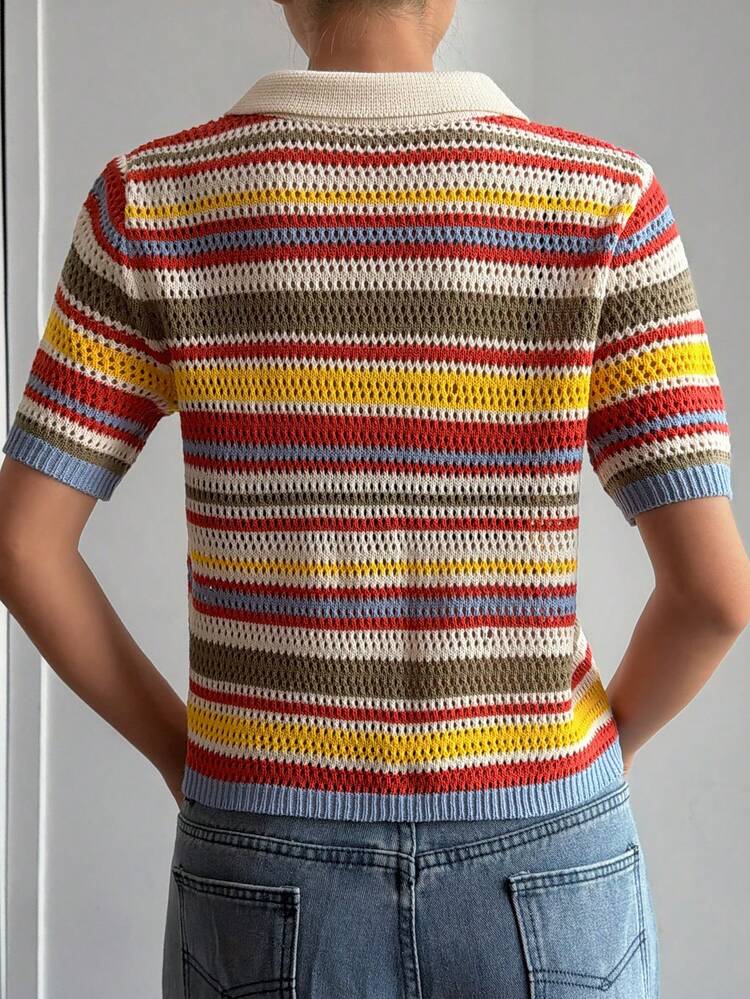 Women's Contrast Color Striped Pattern Front Button Short Sleeve Thin Cardigan Y2k Summer
