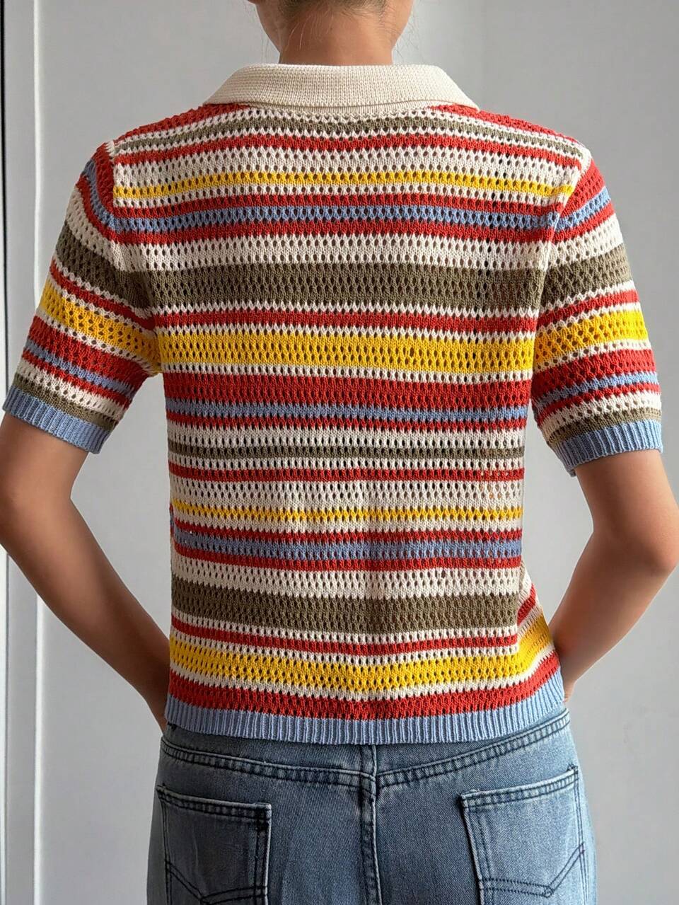 Women's Contrast Color Striped Pattern Front Button Short Sleeve Thin Cardigan Y2k Summer