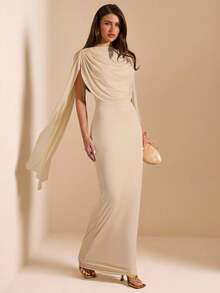 SHEIN BAE Summer Women's Elegant Beige Maxi Dress,Solid Color Apricot Ribbon Fitted Date Wedding Bridesmaid Prom Birthday Dining Party Dress,Summer - Apricot - View 6