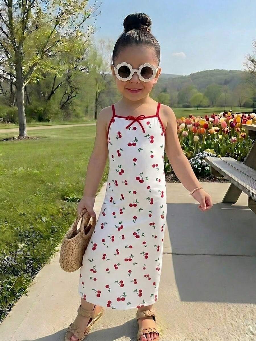 SHEIN 少女休闲日常时尚红白樱花印花修身连衣裙 - 紅白色 - 查看 1