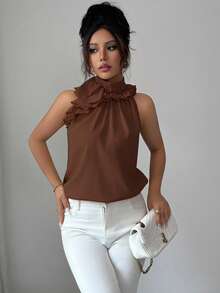 Balvessa Blus Tanpa Lengan dengan Lipatan dan Kerutan, Kemeja Wanita Warna Polos yang Elegan dan Berkelas - Coffee Brown - View 4