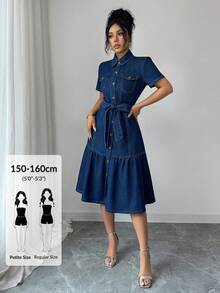 SHEIN PETITE Women's New Commuter Everyday Shirt Dress Denim Dress,Petite Women Navy Blue Autumn Casual - Dark Wash - View 1